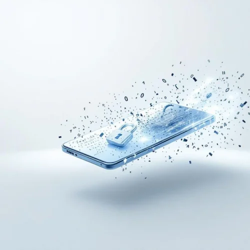 Transparante smartphone met lekkende digitale data en gebroken hangslotpictogram op witte achtergrond