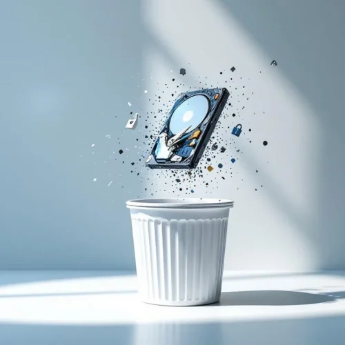 Computerhardware die fragmenteert boven prullenbak met waarschuwingssymbool, IT-beveiliging en dataverlies concept