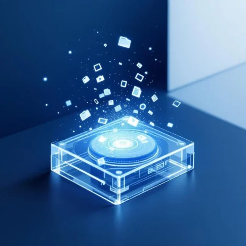 Transparante computerharde schijf met zwevende datafragmenten in blauw-witte tinten, symboliseert datarecovery