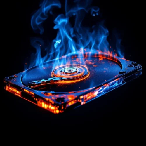 Brandende harde schijf met oranje en blauwe vlammen in donkere ruimte, symboliseert datavernietiging en IT-beveiliging