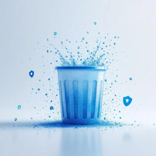 Digitale prullenbak met oplossende data en GDPR-beveiligingssymbolen op minimalistische witte achtergrond