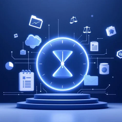 Digitale klok omringd door zwevende data-iconen en juridische weegschaal in blauwe minimalistische compositie