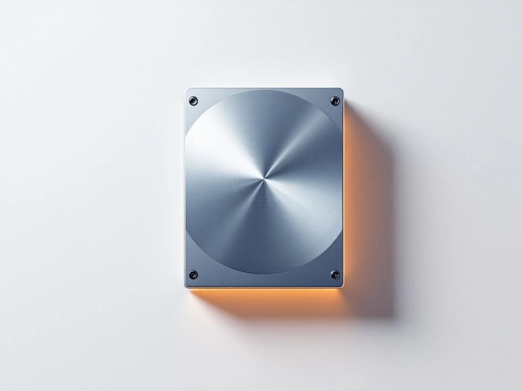 Harde schijf met zilver-amber kleurverloop op witte achtergrond, omgeven door minimalistische geometrische elementen