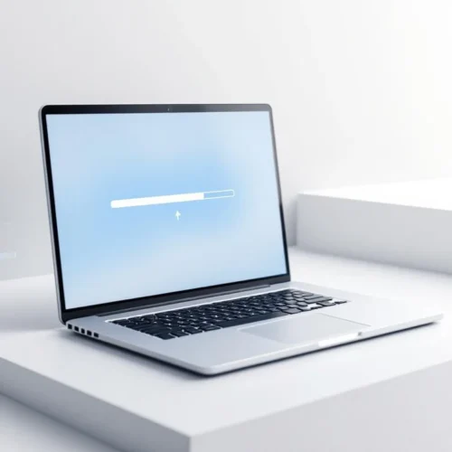 Moderne laptop met blauwe voortgangsbalk op scherm voor gegevensverwijdering, op witte ondergrond met zachte verlichting