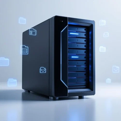 Moderne zwarte NAS-netwerkopslagbox met open voorpaneel en lege schijfsleuven verlicht door blauw LED-licht op witte achtergrond