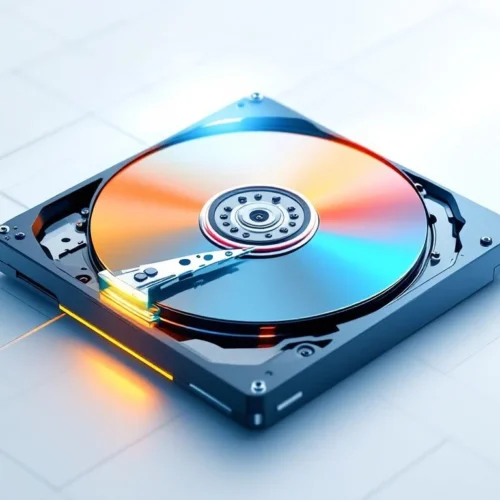 Computerharde schijf met transparante platen en blauwe-oranje partitiesegmenten die vervagen op witte achtergrond