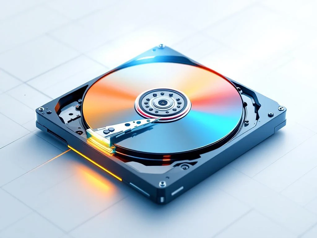 Computerharde schijf met transparante platen en blauwe-oranje partitiesegmenten die vervagen op witte achtergrond