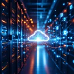 Traditionele servers in serverruimte verbonden met cloud-infrastructuur via gloeiende datastromen in hybride IT-omgeving