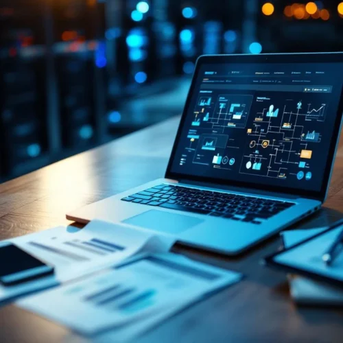 Moderne kantoorwerkplek met laptop met netwerkdiagrammen, planningsdocumenten en tablet op houten bureau