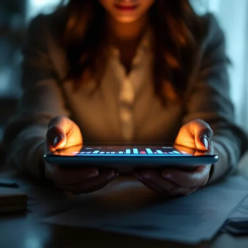 Zakenvrouw beschermt tablet met financiële grafieken op modern kantoorbureau met documenten