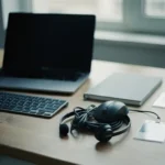 Leeg bureaubureau met afgesloten laptop, losgekoppeld toetsenbord en omgekeerde toegangsbadge naast een gesloten notitieboek.