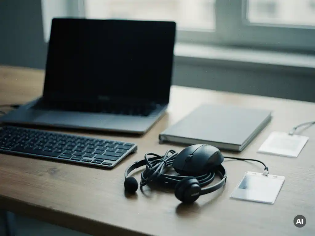 Leeg bureaubureau met afgesloten laptop, losgekoppeld toetsenbord en omgekeerde toegangsbadge naast een gesloten notitieboek.