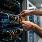 Handen die verwarde netwerkkabels ordenen in een gestructureerd serverrek, met een moderne serverruimte op de achtergrond.