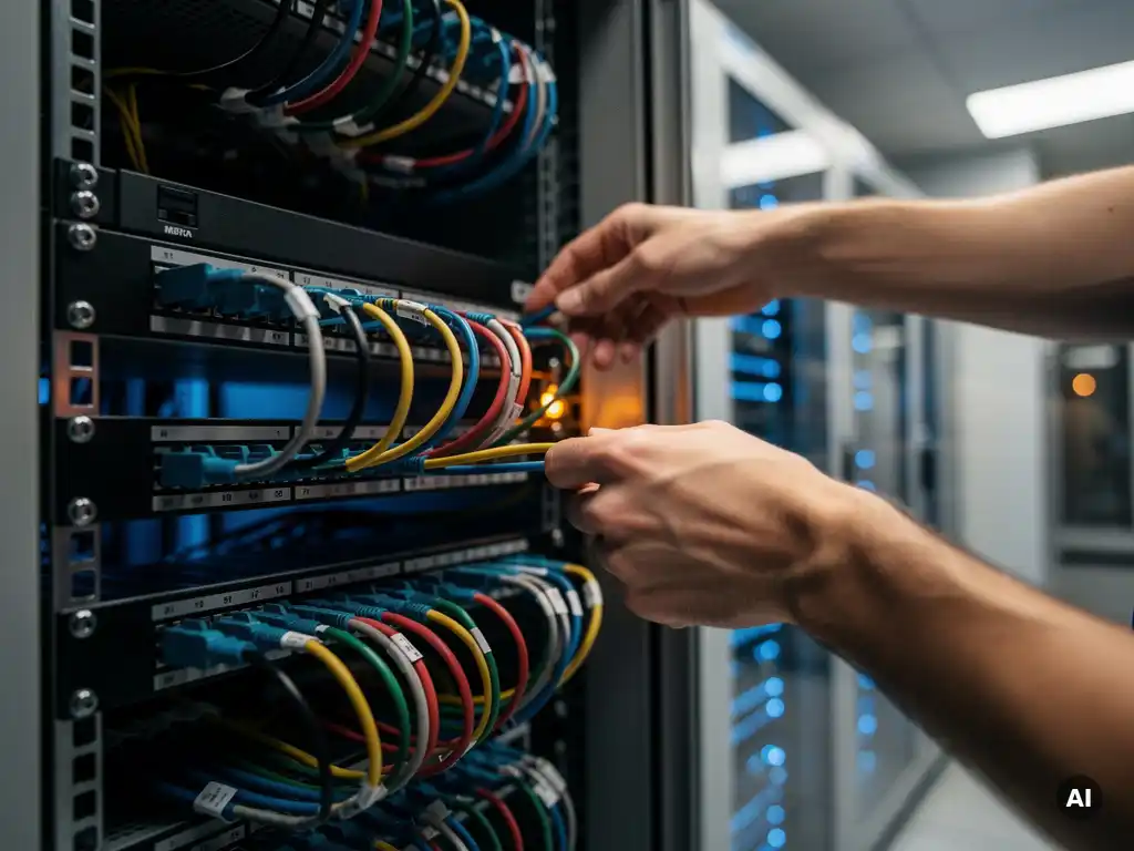 Handen die verwarde netwerkkabels ordenen in een gestructureerd serverrek, met een moderne serverruimte op de achtergrond.